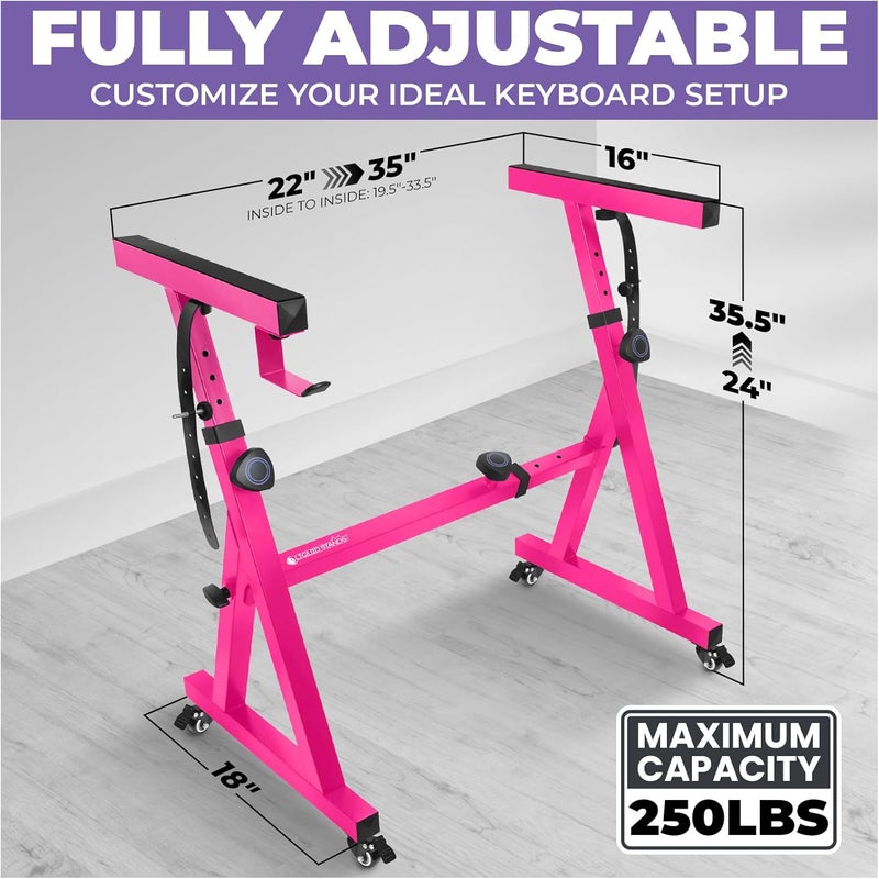 Liquid Stands Piano Keyboard Stand w/ Wheels - Z Style Adjustable and Portable Heavy Duty Music Stand for Kids and Adults - Fits 54-88 Key Electric Pianos - Sturdy Rolling Musical Keyboard Stand Pink - Image 2